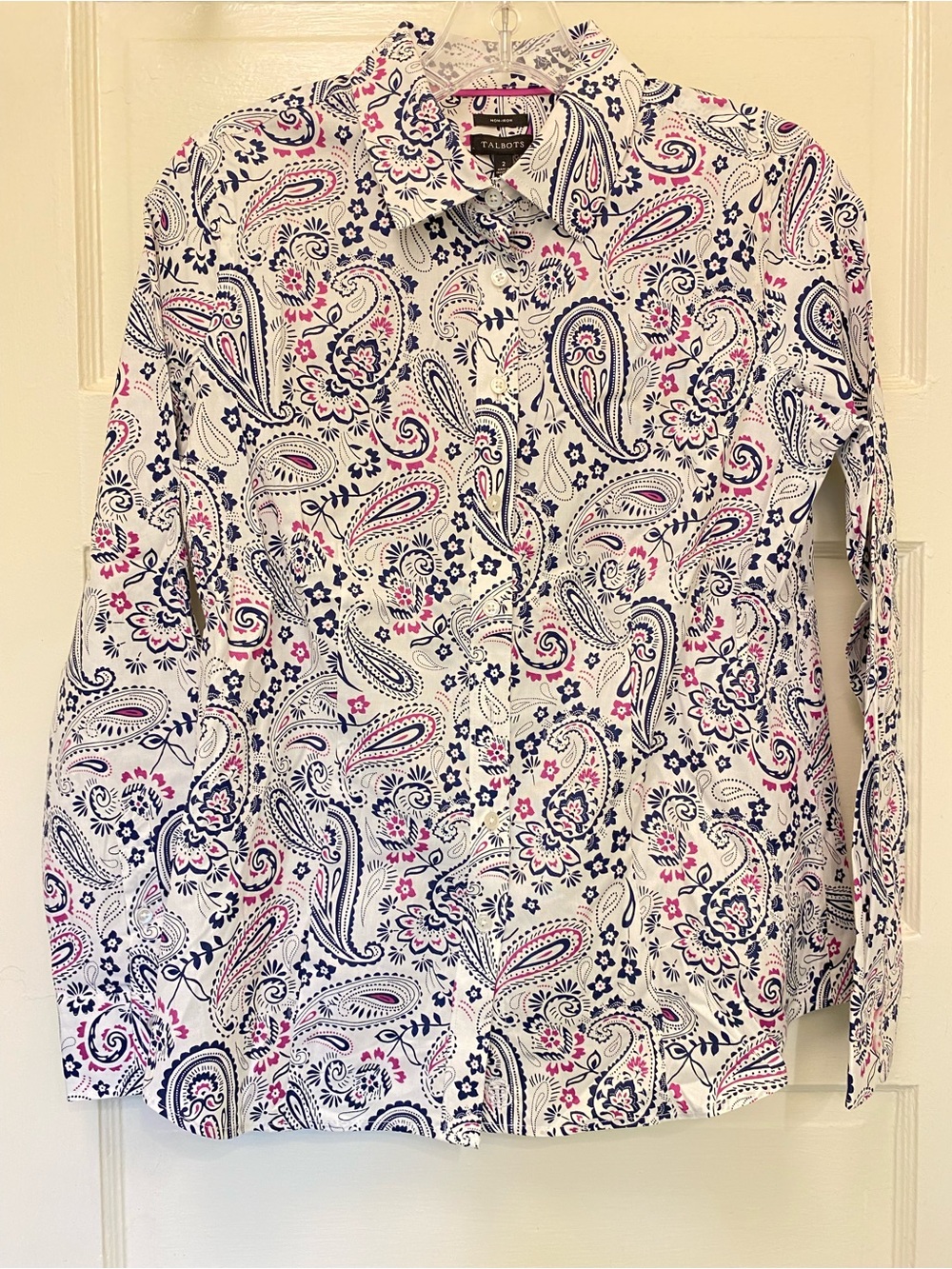 Talbots Non-Iron White Button-down Shirt with Navy & Pink Paisley Print Size 2